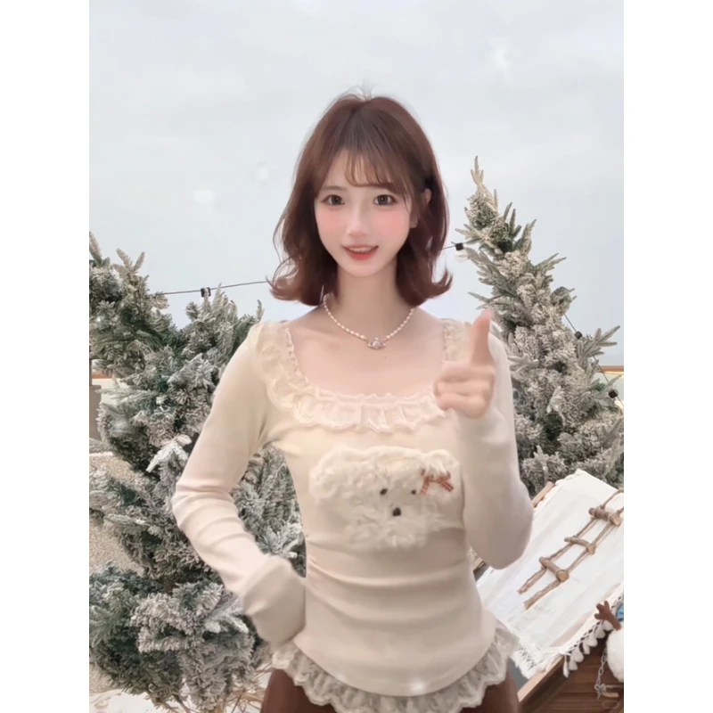 【现货】甜辣妹可爱奶油小狗拼接长袖t恤女秋冬时尚打底针织衫上衣