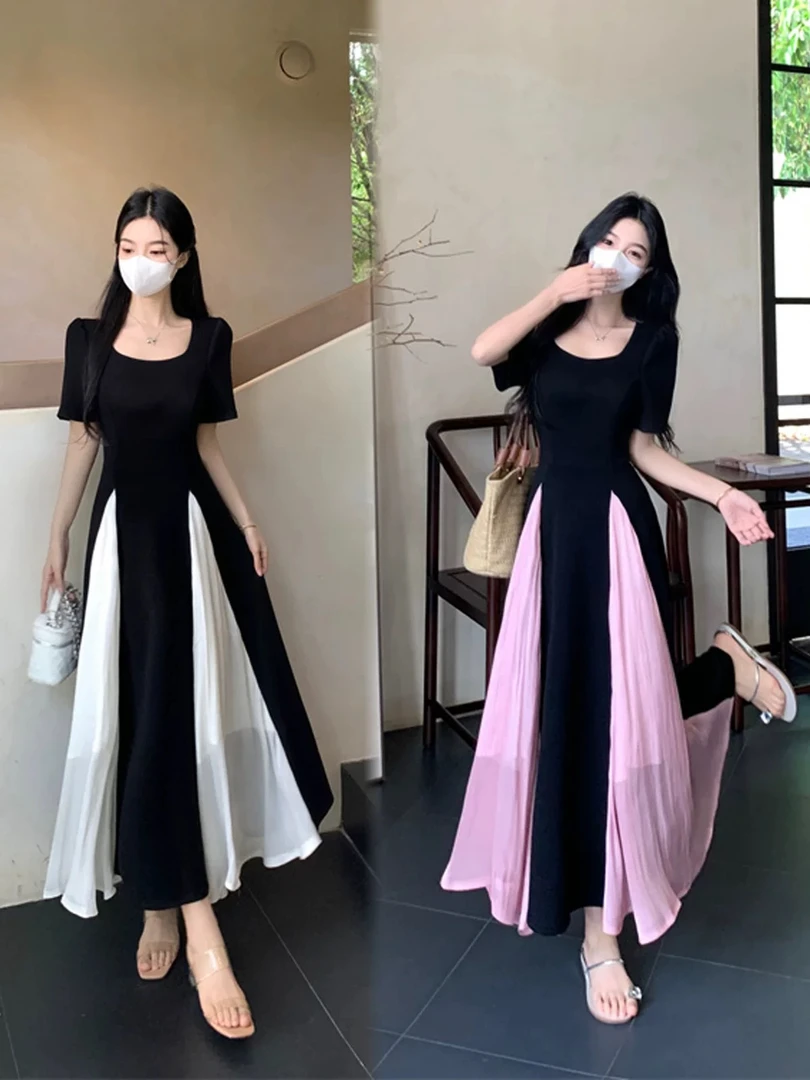 大码法式方领网纱别致连衣裙女夏大码胖mm设计感收腰显瘦气质长裙