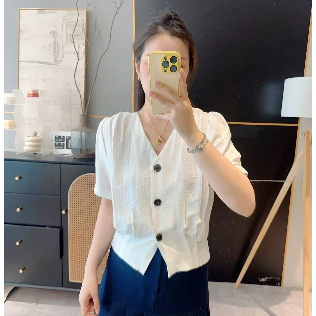 【欧加恋恋】V领开扣收腰短袖宽松衬衣~2025夏季韩版显瘦 M25042921