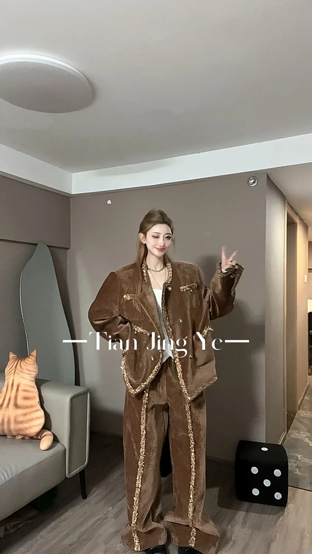 【田景野】24~新款冬季金丝绒加厚千金感小香风宽松复古套装