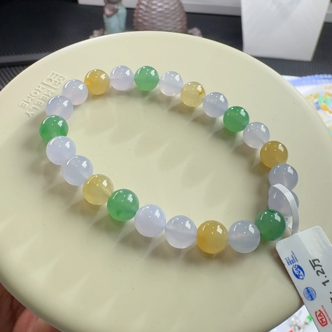 翡翠手链未镶嵌冰三彩手串卡8 漏！