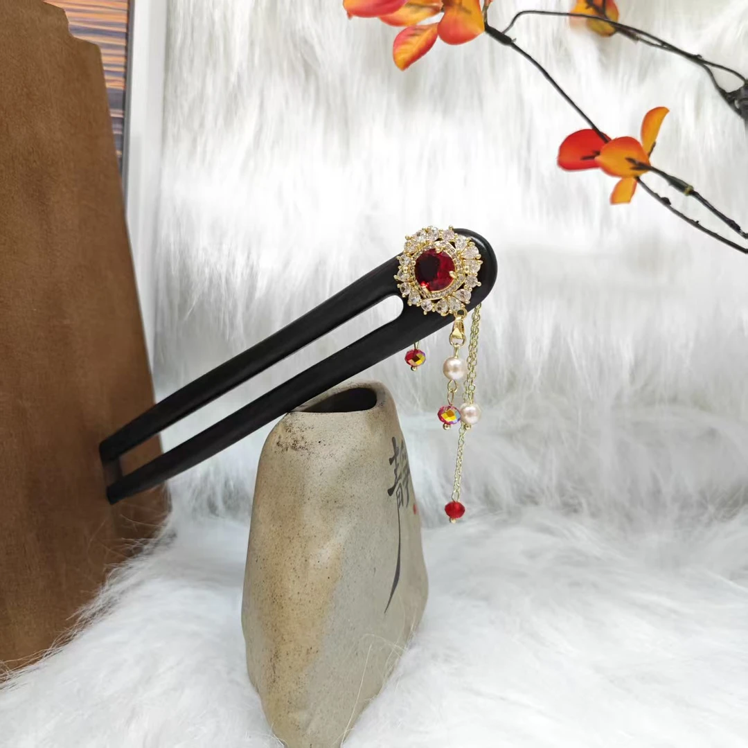 炑歌K151原创红色流苏15公分双钗发簪手工头饰发饰国风簪子发簪