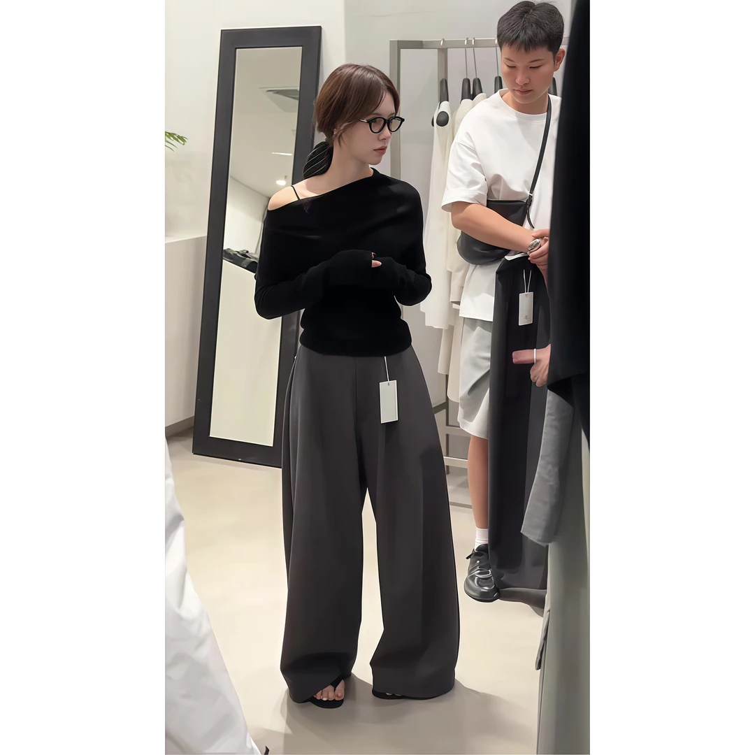 气质一整套ootd穿搭2025新款韩系气质一字领长袖上衣休闲裤两件套