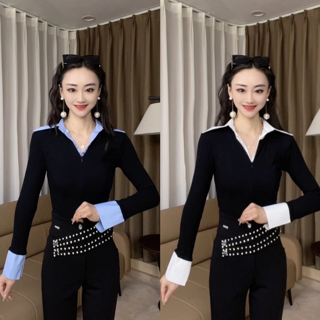 拼色假两件Polo领长袖衬衫修身显瘦高级感上衣