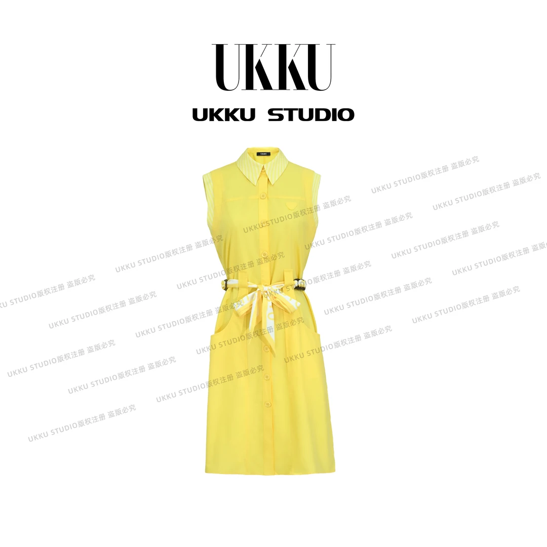 沐【UKKUSTUDIO】设计师女士休闲时尚百搭开衫衬衣黄色连衣裙614230