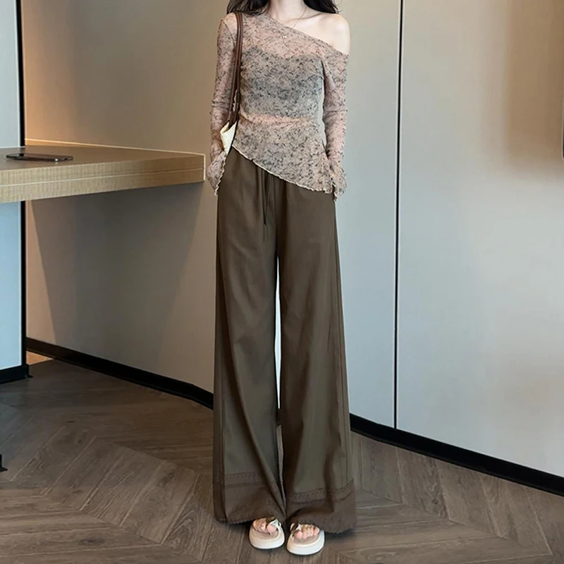 拉夏贝尔显瘦时尚套装女2025春秋新款斜肩针织衫上衣阔腿裤两件套