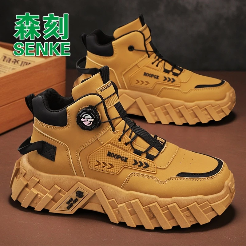 森刻男鞋秋季时尚新款旋转扭扣增高高帮工装靴男士厚底马丁靴