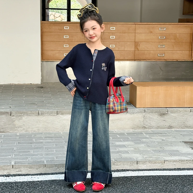 女童秋季套装2025新款儿童春秋款毛衣开衫牛仔裤女大童秋装衣服潮