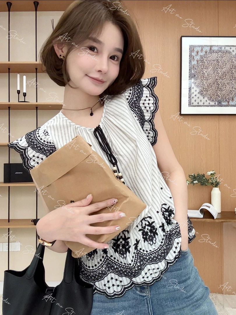 【100棉】法蕾小飞袖绣花高级感重工艺刺绣百搭小众系带上衣w1570p1