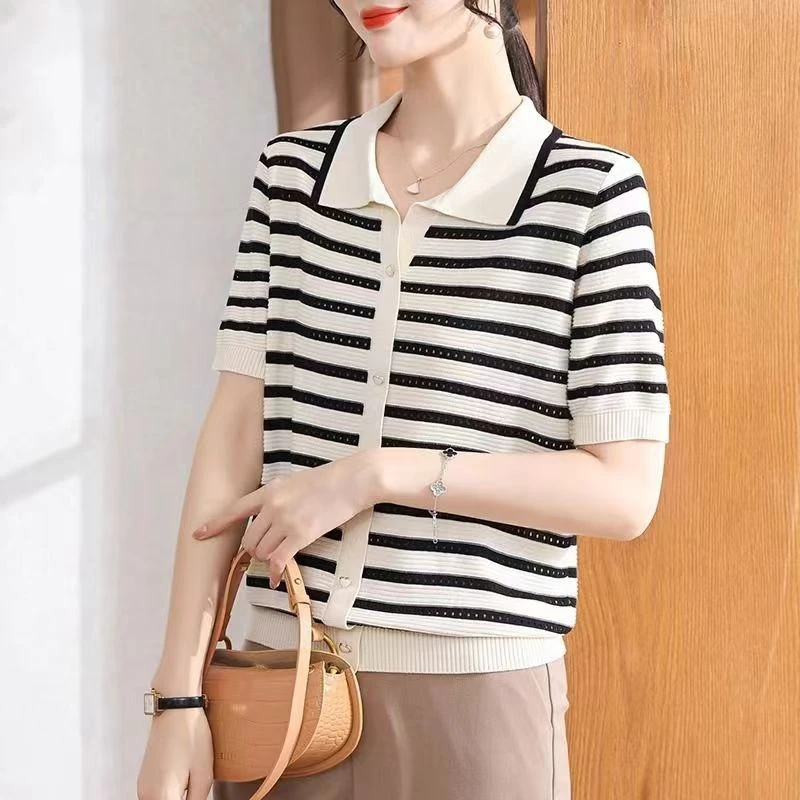 【大唐夫人】妈妈装夏季衣服条纹翻领针织衬衫2025新款