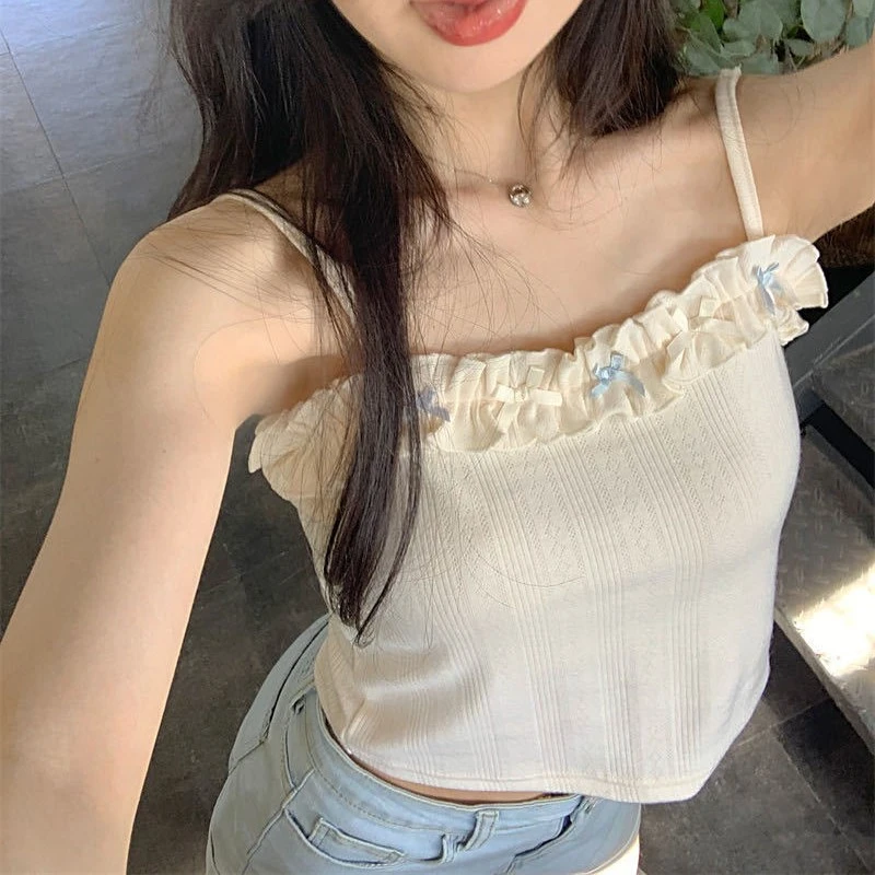 纯欲风辣妹外穿吊带背心女内搭带胸垫甜美蝶结木耳边美背短款上衣