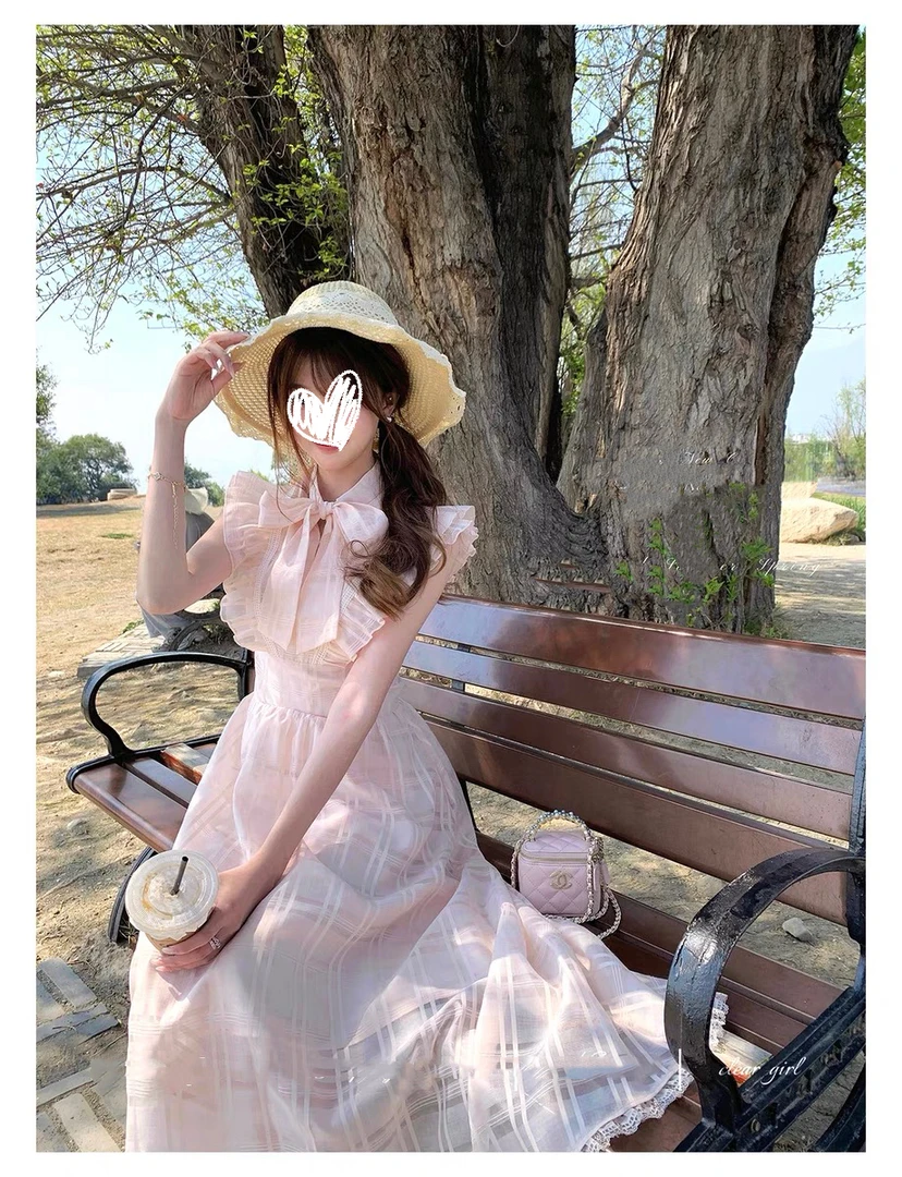 告白庄园 定制格纹纱小飞袖日系水溶织带大裙摆连衣裙长裙