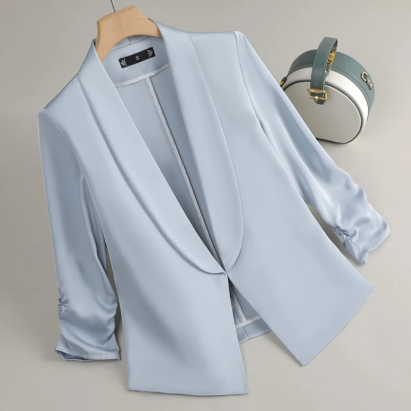 白色短款缎面醋酸西装外套女士夏季2025新款休闲中袖薄款气质西服