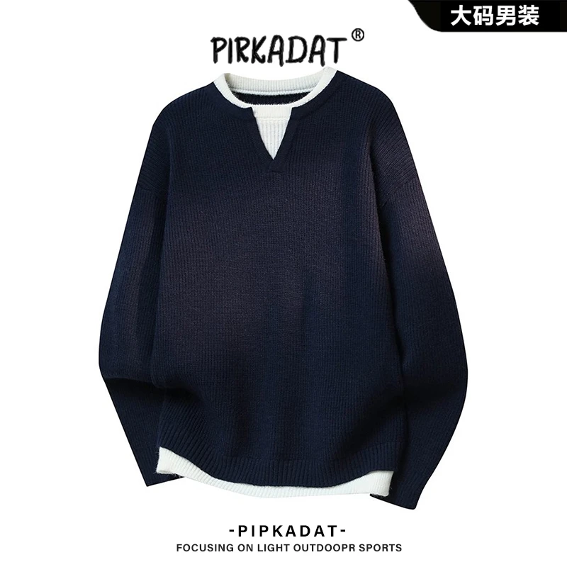 Pirkadat假两件针织衫男秋冬季慵懒风加厚毛衣男毛线衣男圆领上衣