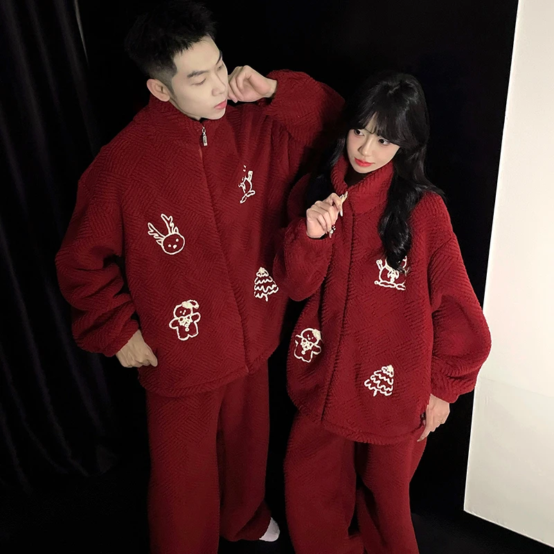 冬季珊瑚绒情侣睡衣女红色喜庆加厚保暖法兰绒男士大码家居服套装