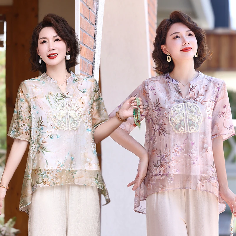 新中式妈妈国风衬衫套装洋气时尚中老年人女装夏装短袖大码上衣服