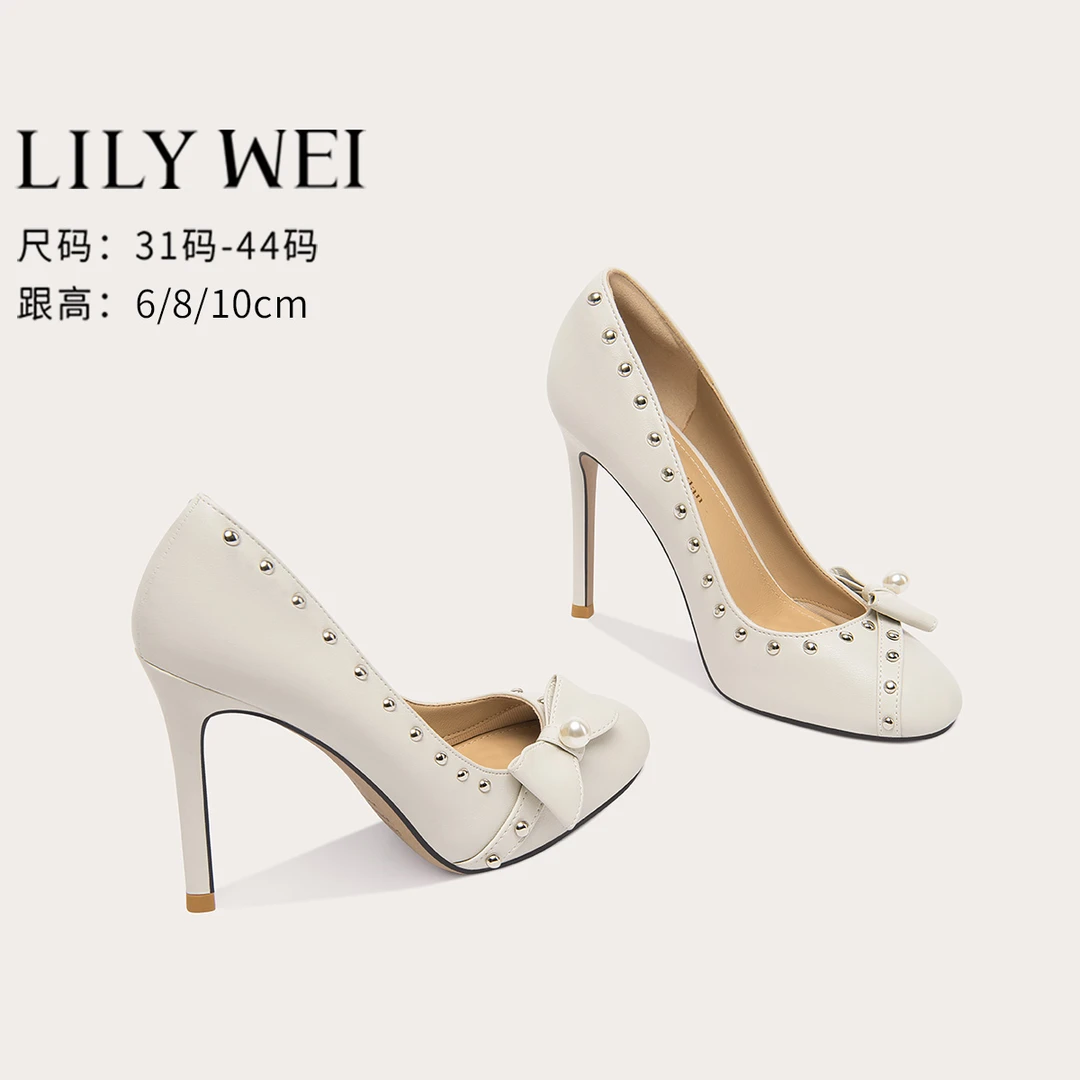 Lily Wei【心动信号】法式白色蝴蝶结铆钉高跟鞋圆头一脚蹬单鞋