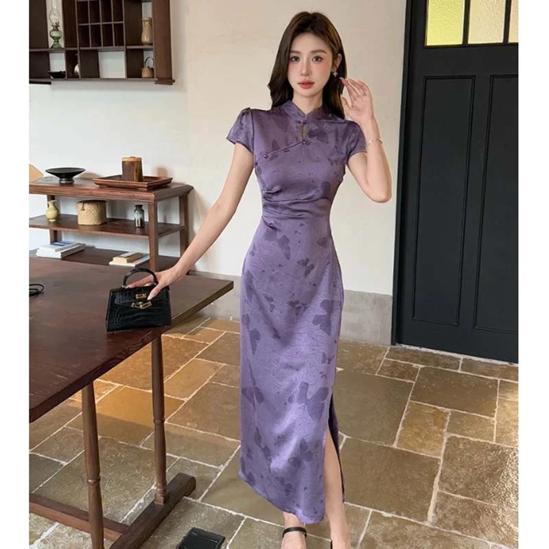 2025夏季新款清光新中式蝴蝶连衣裙女小个子改良旗袍长裙D2360