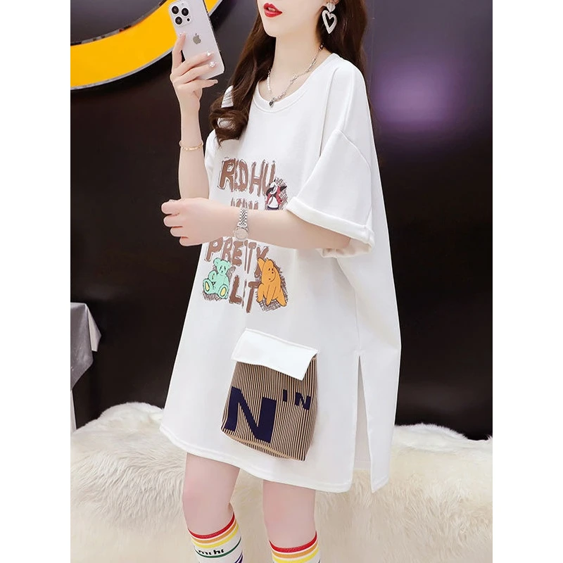 纯棉短袖T恤女士2025年夏季新款卡通开叉字母t恤圆领宽松印花