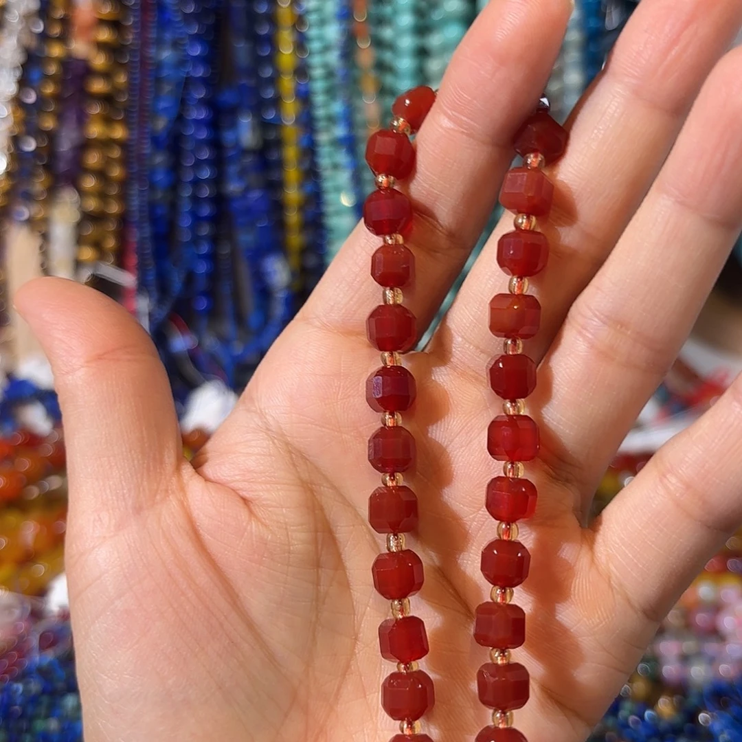 玛瑙/玉髓银S925镀金镶嵌珠宝半成品红玛瑙方糖一条