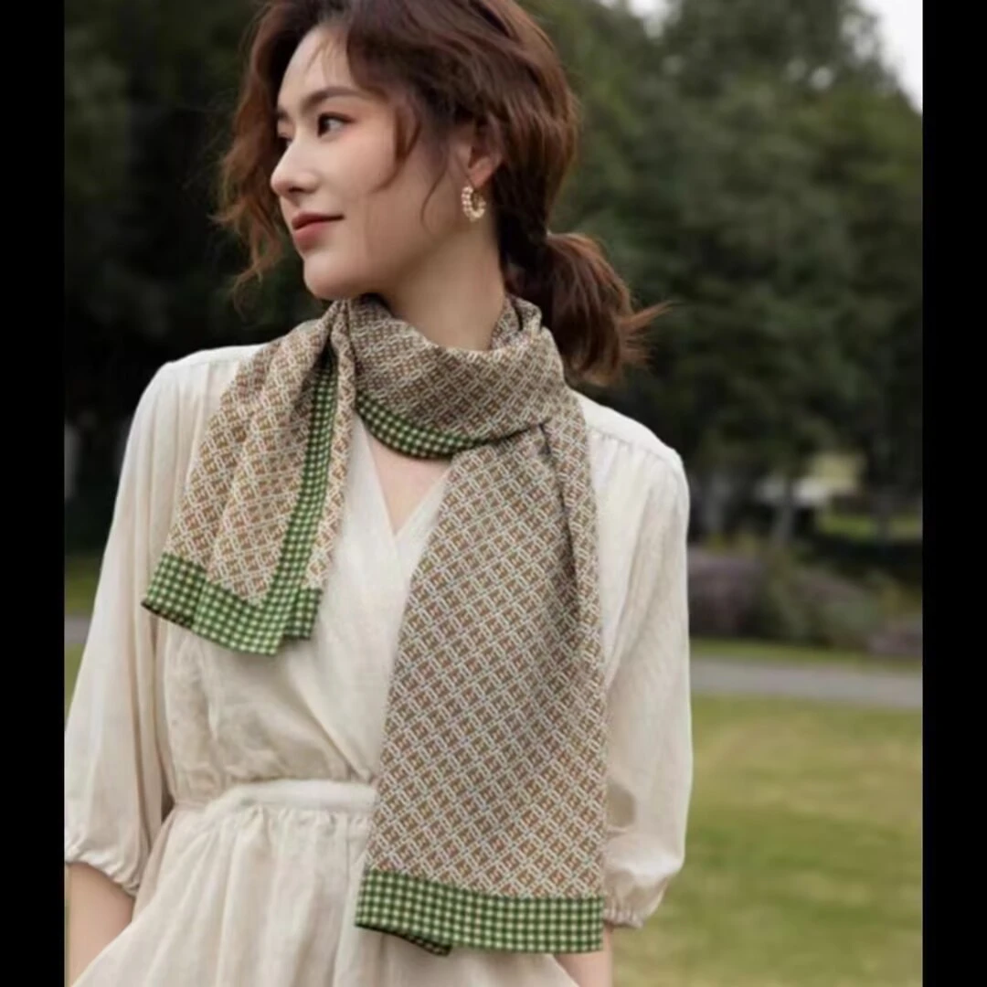 杭州丝绸真丝双邹丝巾2025新款围巾绿格纹细格子高端桑蚕丝长巾