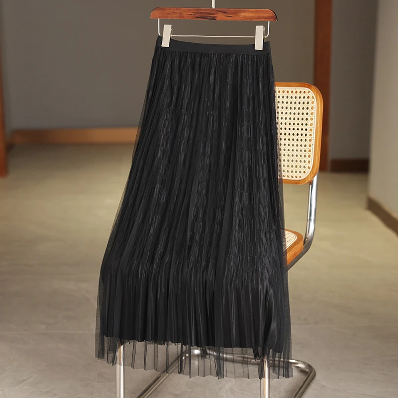 时尚百搭A字显瘦半身裙新款简约高腰两面穿百褶裙中长款休闲纱裙