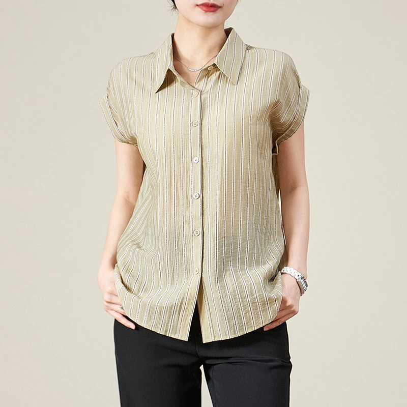 2025年夏季新款杏色天丝轻奢优雅时尚女短袖上衣#LE-SY090