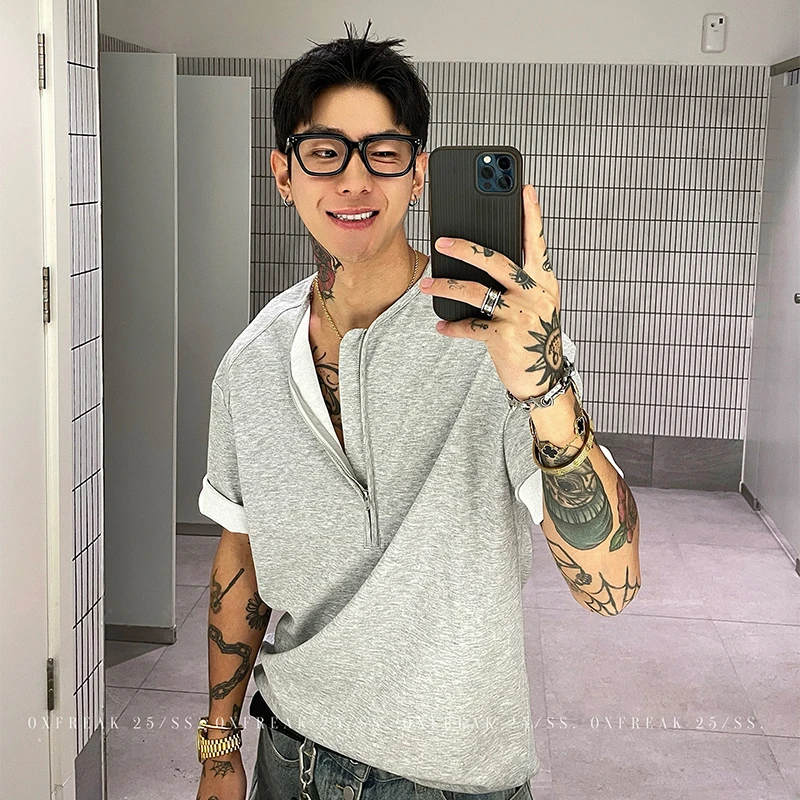 OXFREAK 「老钱风 裁片拼接」活页半拉链短袖t恤男宽松V领五分袖