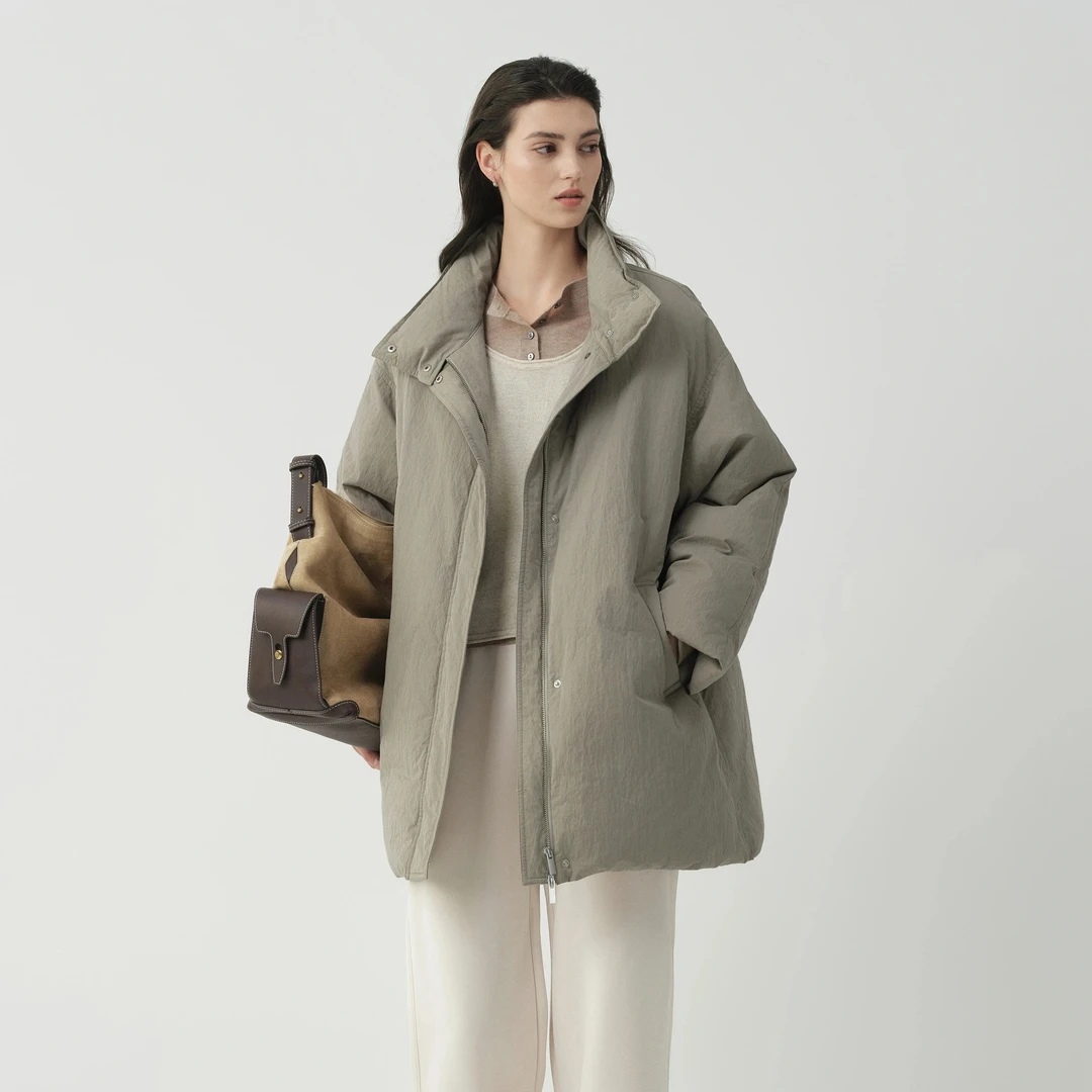 初棉【底特律新】90白鹅绒一手长短风衣立领肌理感鹅绒服366615007