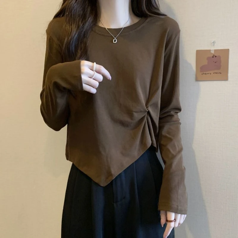 春秋ins设计感长袖上衣女胖mm大码棉质T恤不规则小心机上衣打底衫