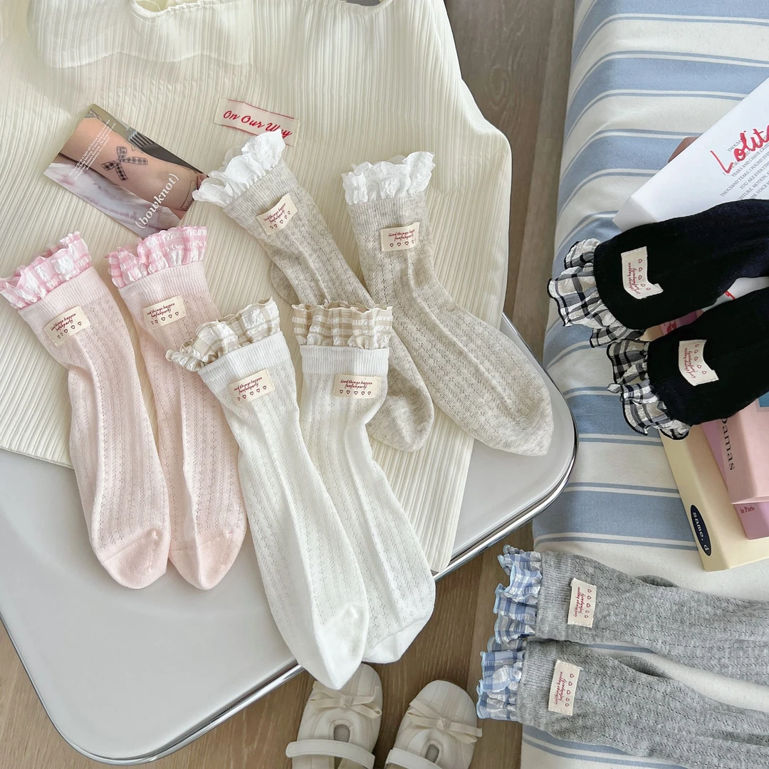 【珍妮日记】格子花边|夏日轻薄百搭ins韩系学院风布标饰品甜美短袜