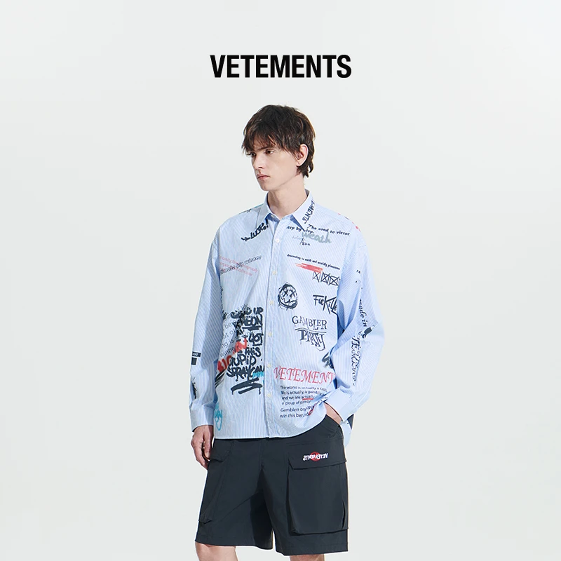 VETEMENTS涂鸦风秋季个性时尚男士潮流宽松休闲长袖衬衫35130001