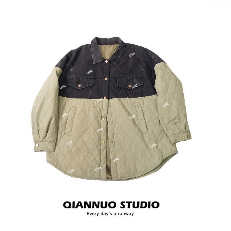 秋冬新款牛仔棉服拼接针织开衫女宽松慵懒风小众毛衣外套潮229125