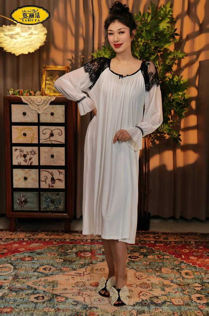 xarifa莫代尔蕾丝拼接睡裙连衣裙款式家居服长袖洋气显瘦50706