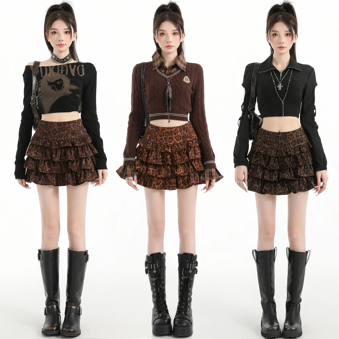 实拍 鹿皮绒豹纹蓬蓬蛋糕裙女秋冬高腰a字半身裙防走光辣妹短裙