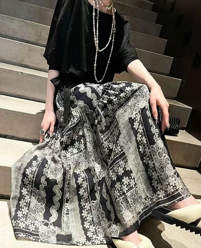 NJZ 亚麻天丝料！腰64-102长84微阔时尚松紧腰黑白气质半身裙 9975