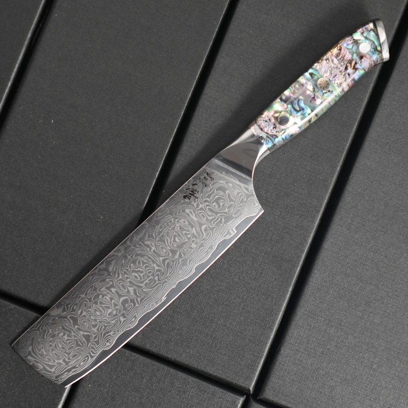 大马士革钢刀鲍鱼壳玫瑰纹家用平头小菜切10cr15mov