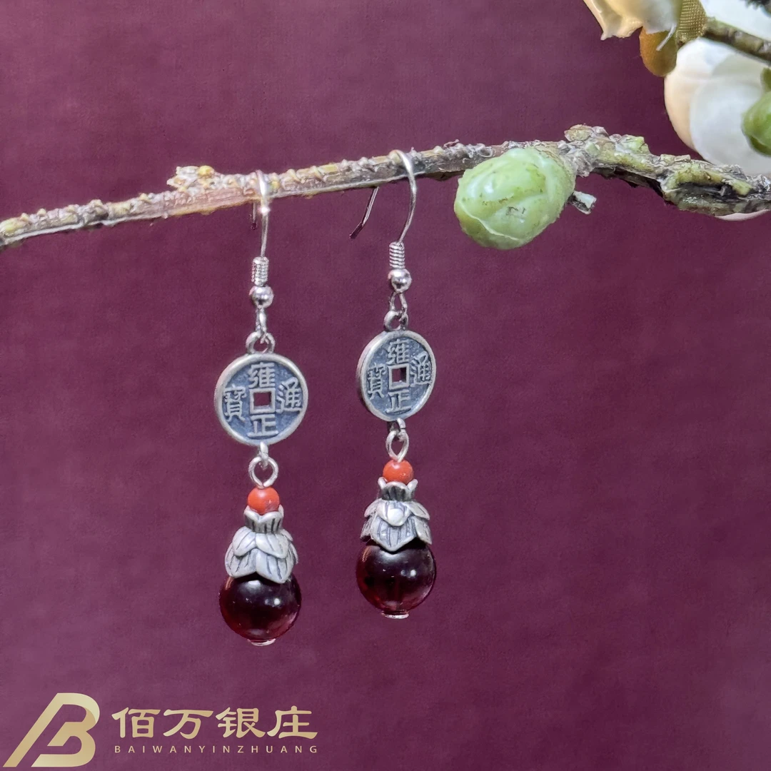 【佰万银庄】S925银血珀钱币耳坠复古民族风纯手工做旧时尚素款