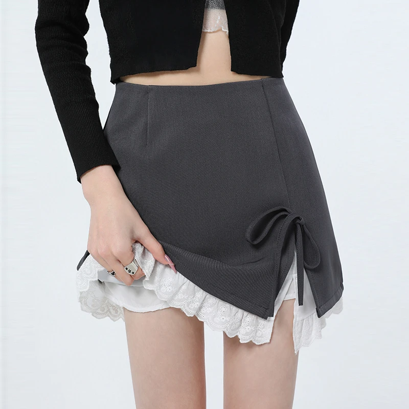 灰色新款女装韩系甜美蝴蝶结系带半身裙蕾丝新款拼接设计花边短裙