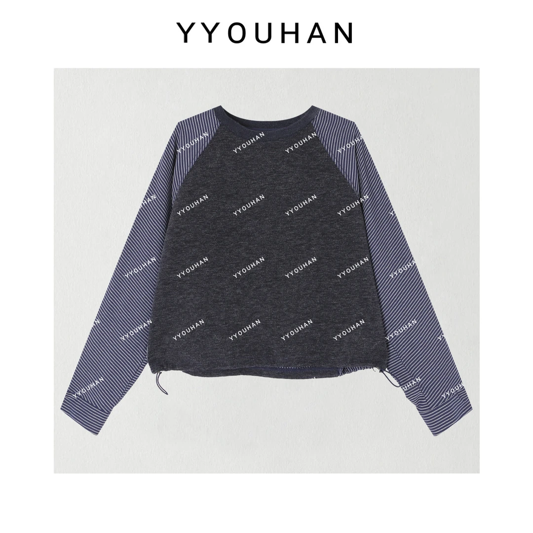 玖了个玖 2025新款小众设计极简风拼接衬衫袖百搭卫衣 2508C4389