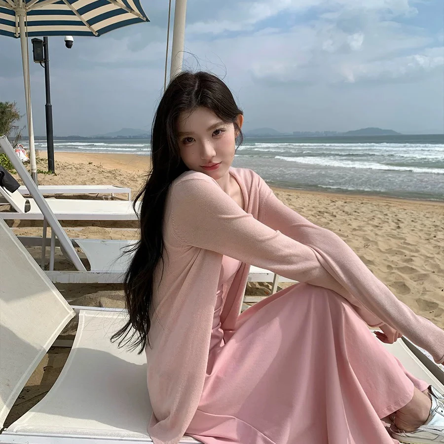 韩国慵懒风宽松百搭针织开衫女春秋外套薄款中长款外搭上衣