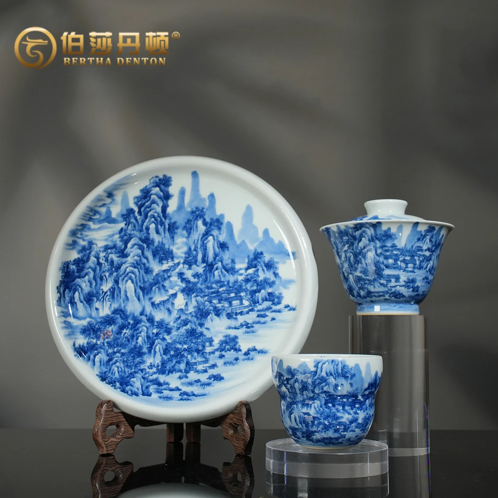 BERTHA DENTON北派山水溪山楼观图茶具釉下彩全手工青花手绘茶器