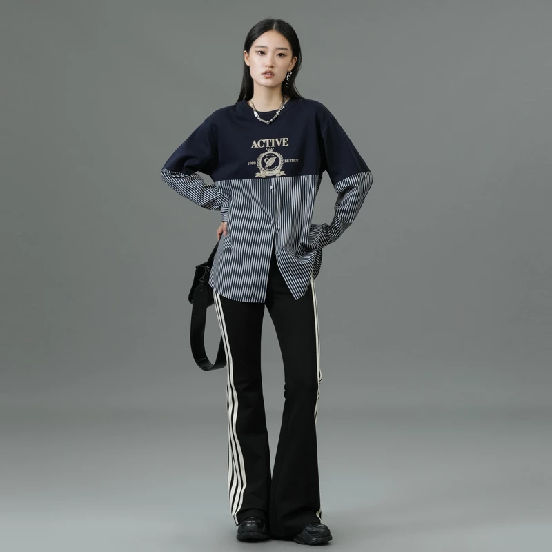 U/TI 【新品专享】休闲时尚设计师款条纹女装纽扣卫衣