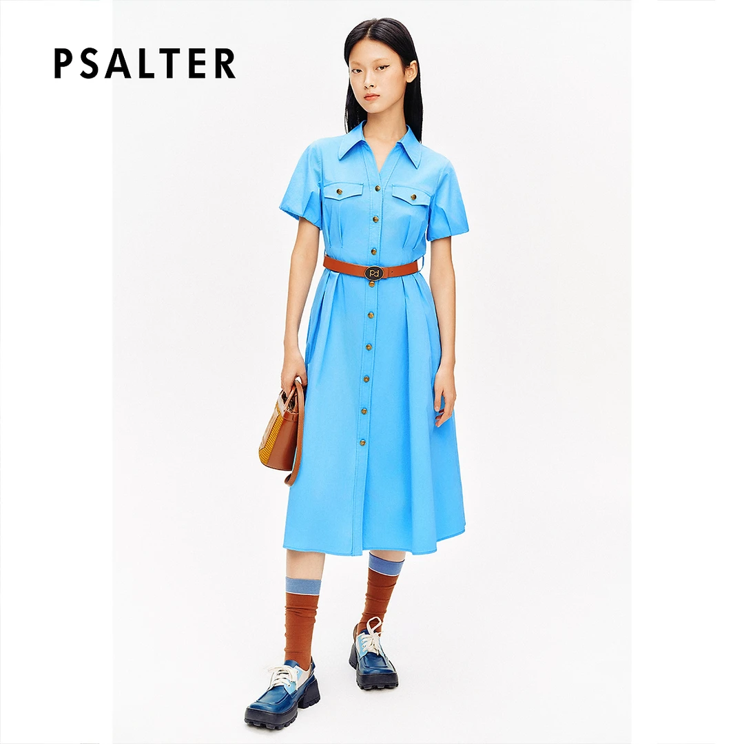 PSALTER诗篇简约翻领灯笼袖腰带收腰衬衫裙连衣裙夏款