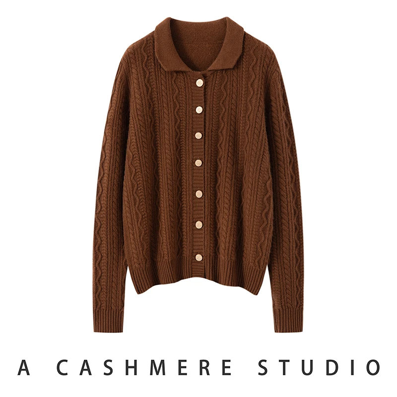 女士纯羊绒双股加厚娃娃领针织开衫外套329