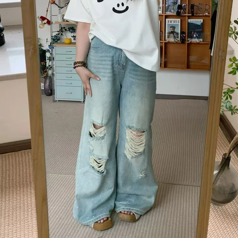女装女裤碎钻破影港风老钱纯欲慵懒直筒阔腿牛仔裤长裤破洞 6109