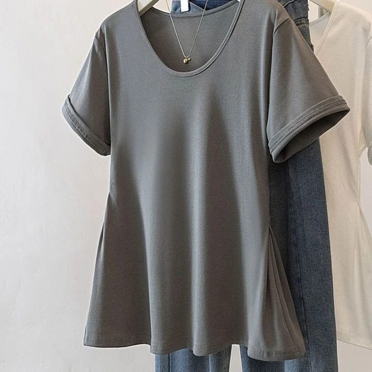 灰色大码韩版设计感短袖t恤女2025春夏新款修身显瘦时尚上衣女装