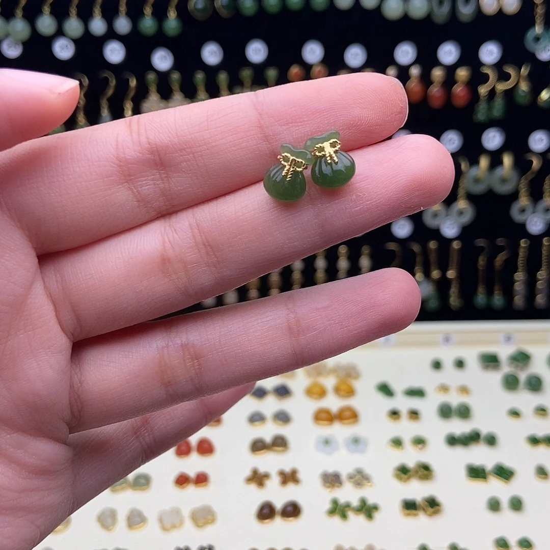 和田玉银S925镀金镶嵌耳饰