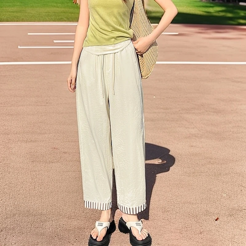 2025新款女裤卷边条纹春夏薄款森系卷边复古老爹裤显瘦百搭夏季