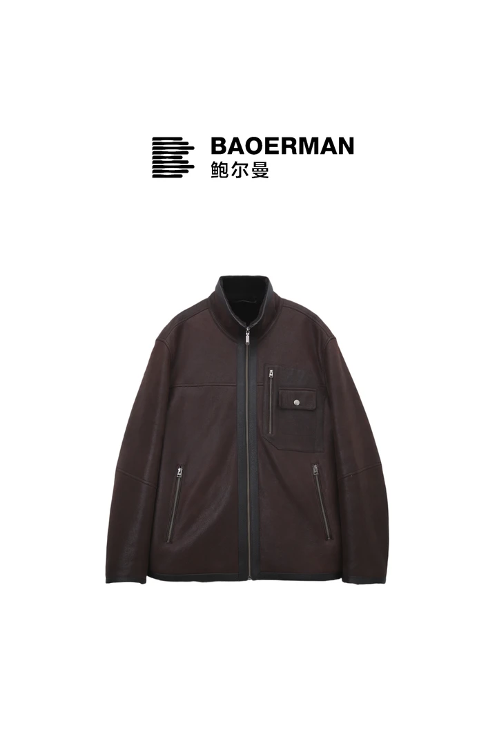 鲍尔曼BAOERMAN秋冬男款商务休闲西班牙美利奴皮毛一体外套